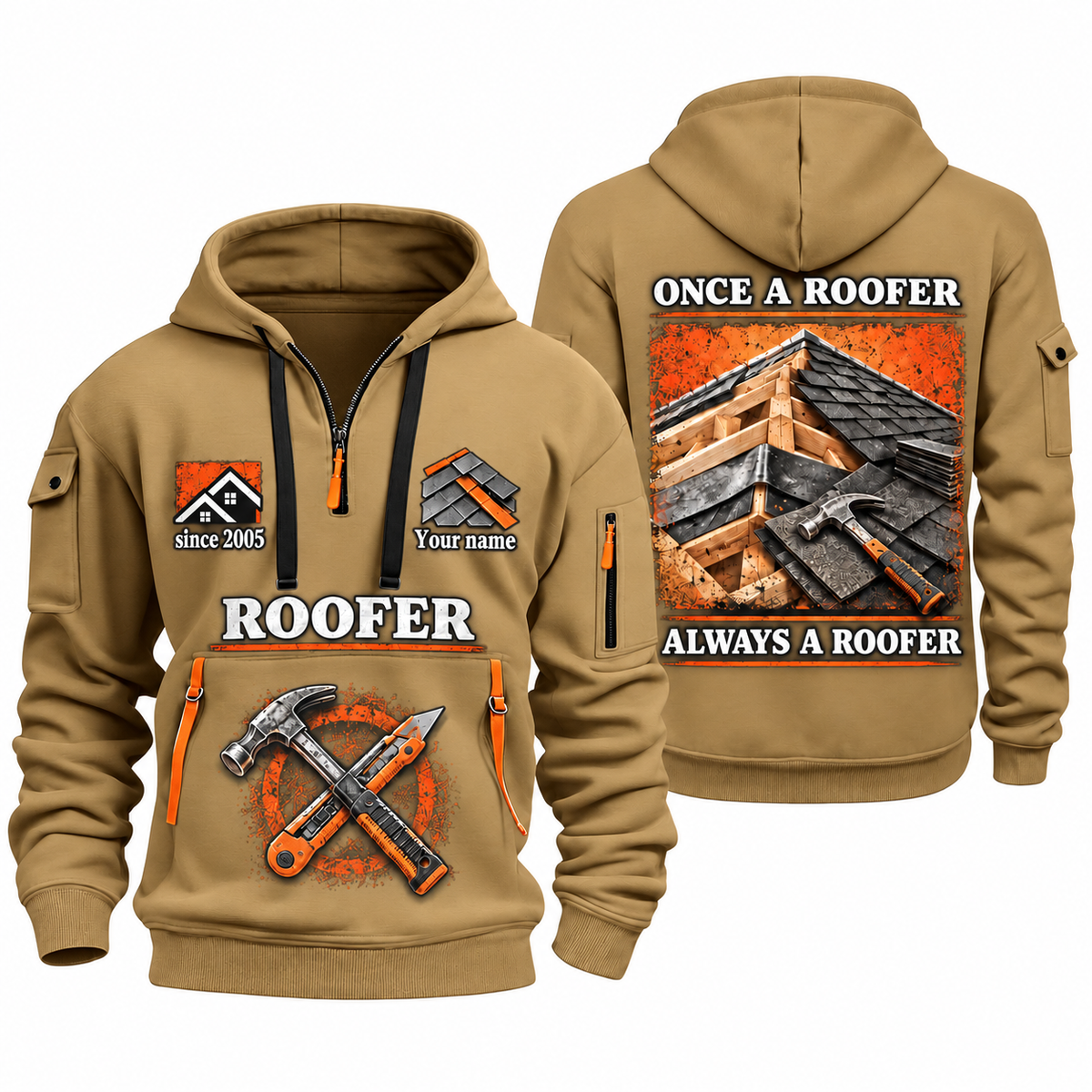 Roofer Lifelong Craft quarter-zip hoodie in Khaki, front and back, Your name and since 2005 artwork