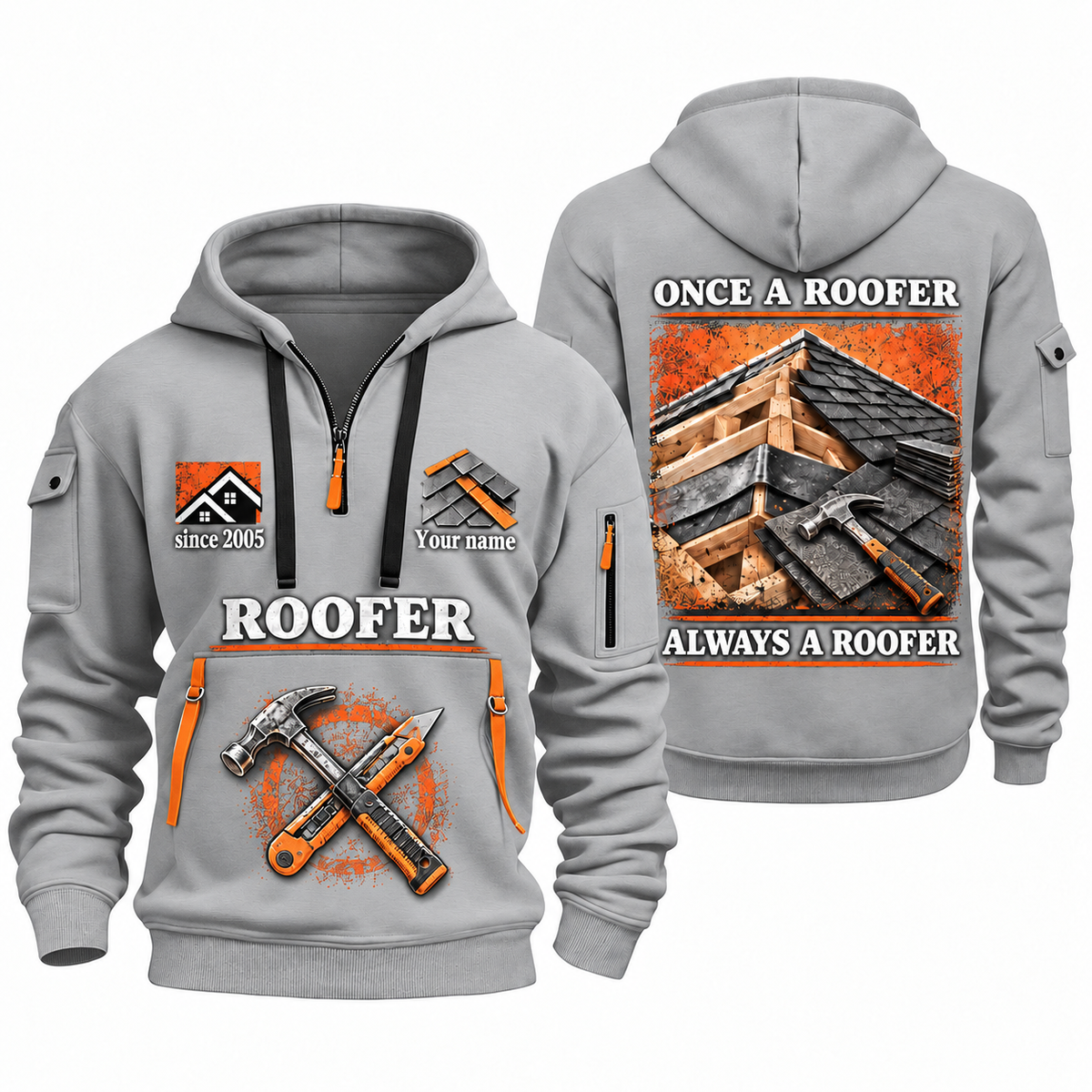 Roofer Lifelong Craft quarter-zip hoodie in Light Grey, front and back, Your name and since 2005 artwork