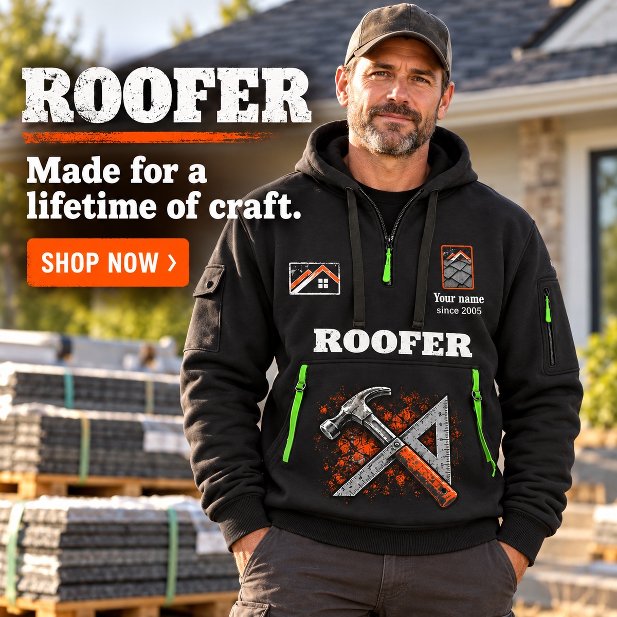Roofer wearing Built to Last quarter-zip hoodie in their workplace; product introduction and shopping call to action