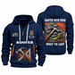 Roofer Built to Last quarter-zip hoodie in Navy, front and back, Your name and since 2005 artwork
