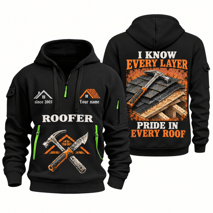 Roofer Work with Purpose quarter-zip hoodie in Black, front and back, Your name and since 2005 artwork