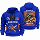 Roofer Work with Purpose quarter-zip hoodie in Blue, front and back, Your name and since 2005 artwork