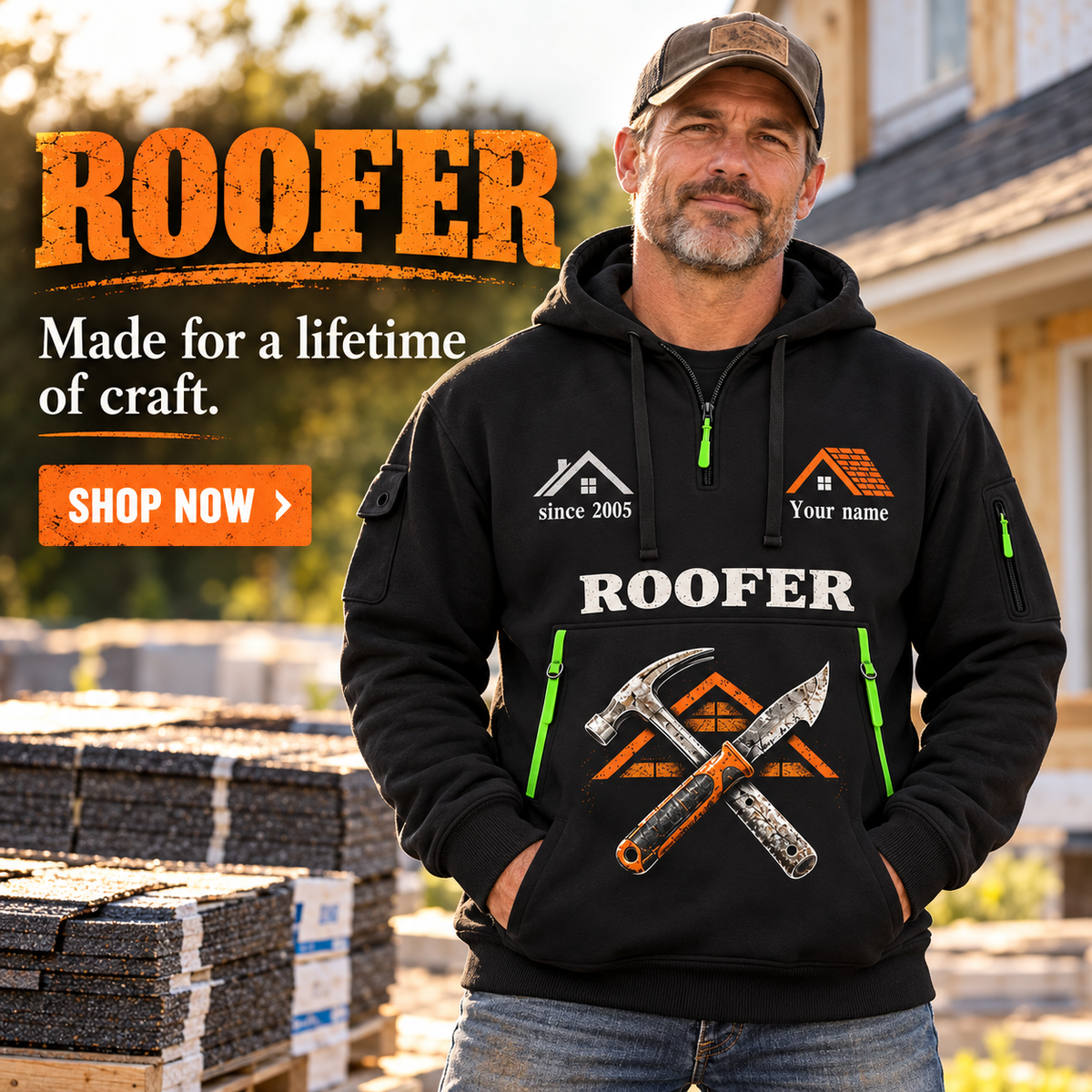 Roofer wearing Work with Purpose quarter-zip hoodie in their workplace; product introduction and shopping call to action