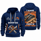 Roofer Work with Purpose quarter-zip hoodie in Navy, front and back, Your name and since 2005 artwork