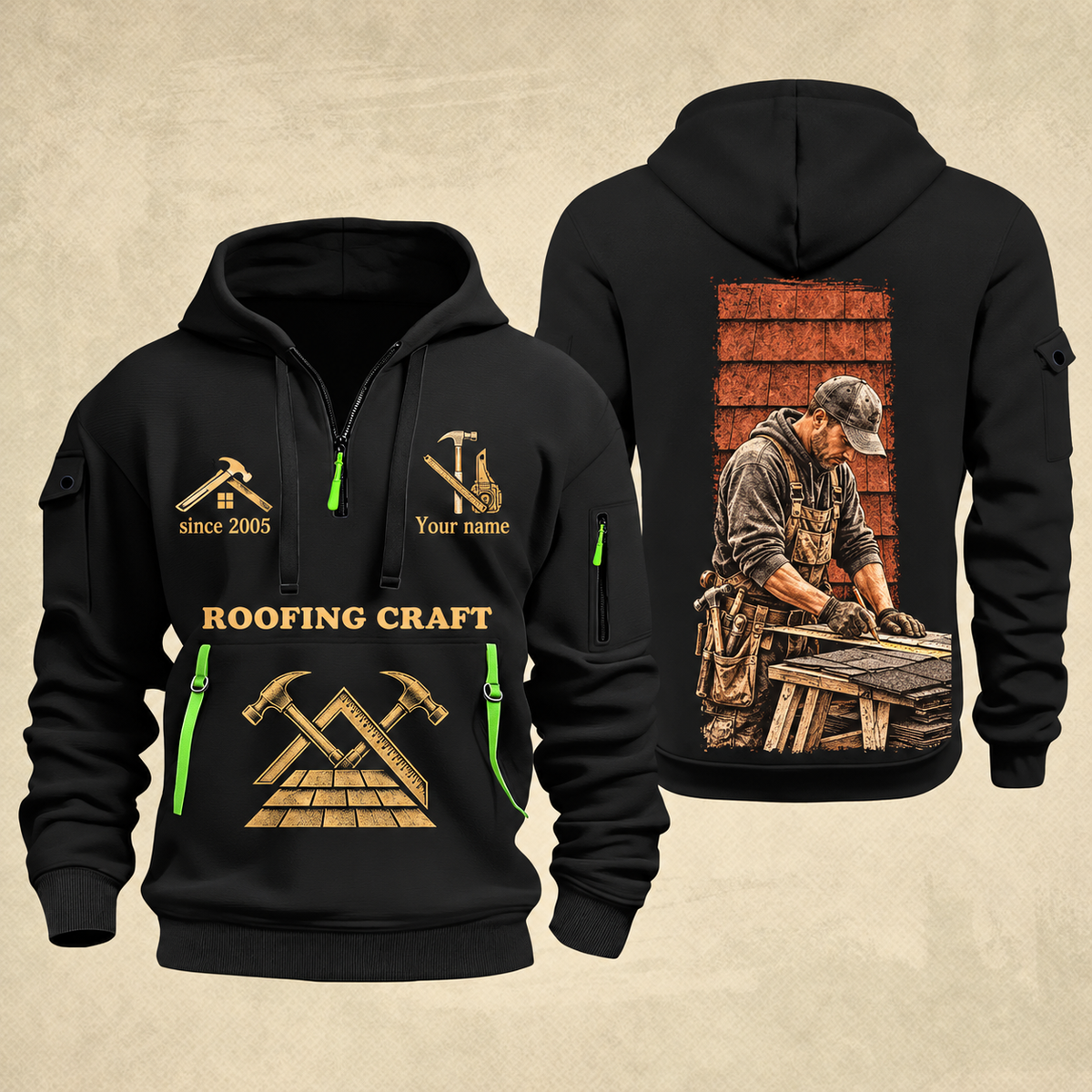 Roofer Golden Craft quarter-zip hoodie in Black, front and back, Your name and since 2005 artwork