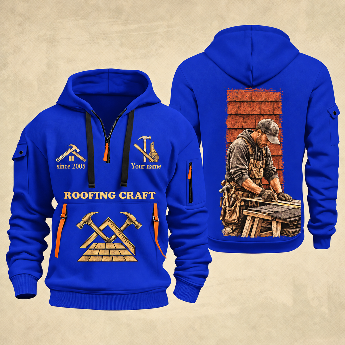 Roofer Golden Craft quarter-zip hoodie in Blue, front and back, Your name and since 2005 artwork