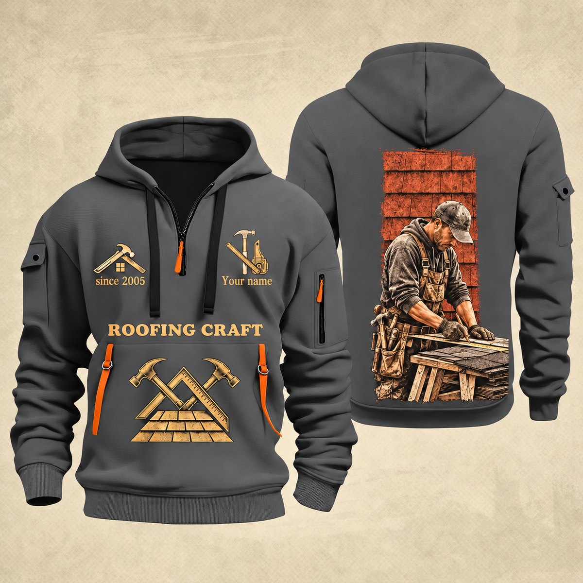 Roofer Golden Craft quarter-zip hoodie in Gray, front and back, Your name and since 2005 artwork