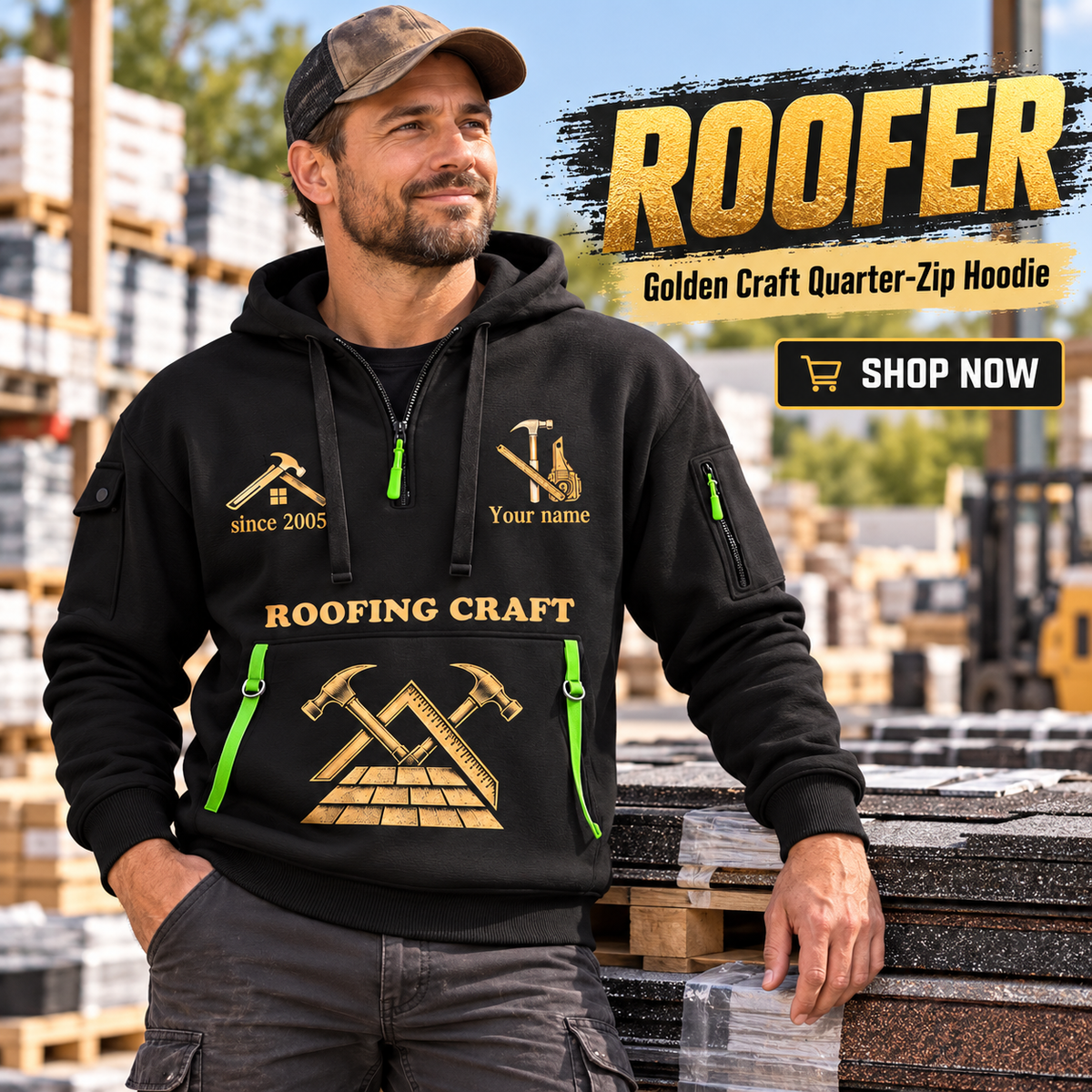 Roofer wearing Golden Craft quarter-zip hoodie in their workplace; product introduction and shopping call to action