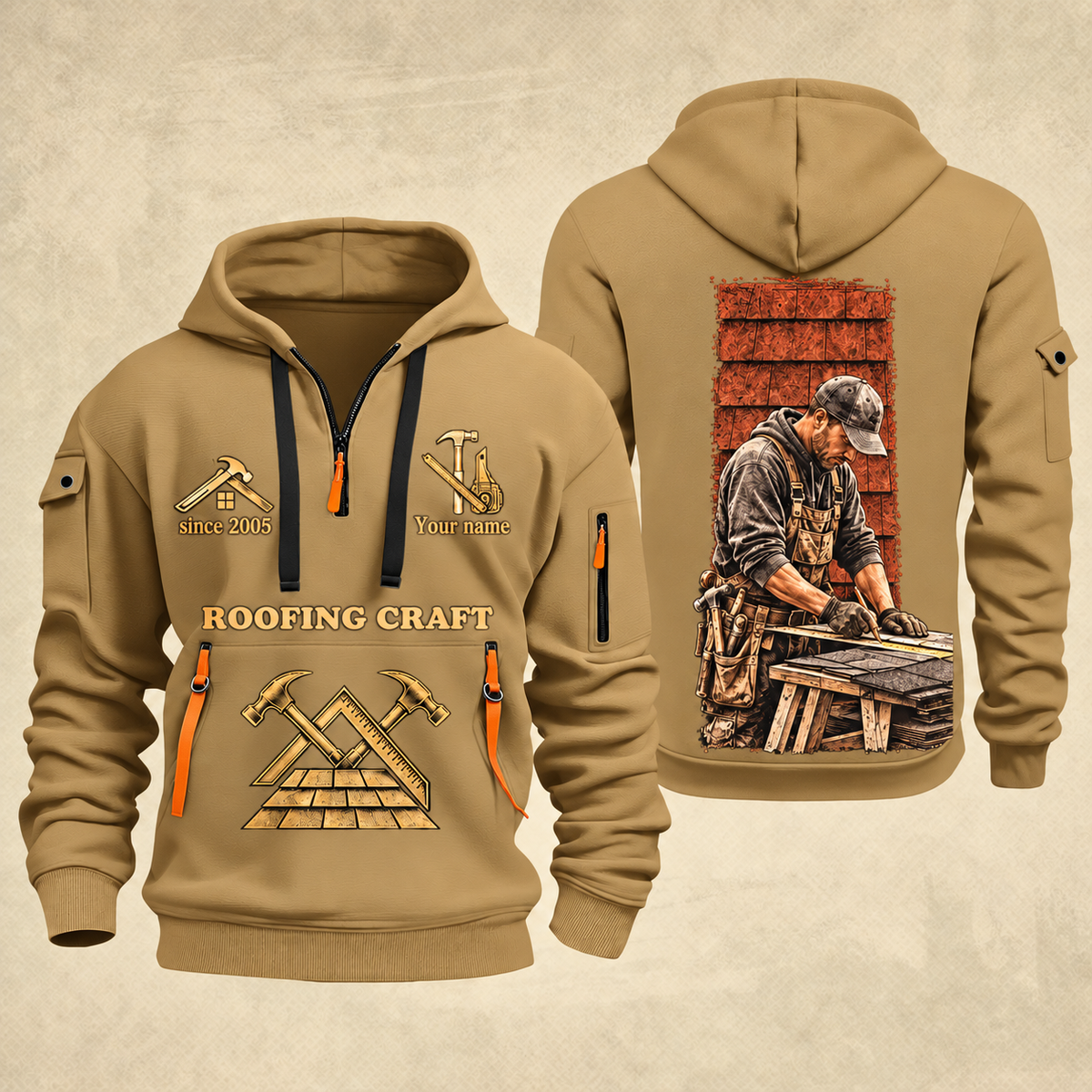 Roofer Golden Craft quarter-zip hoodie in Khaki, front and back, Your name and since 2005 artwork