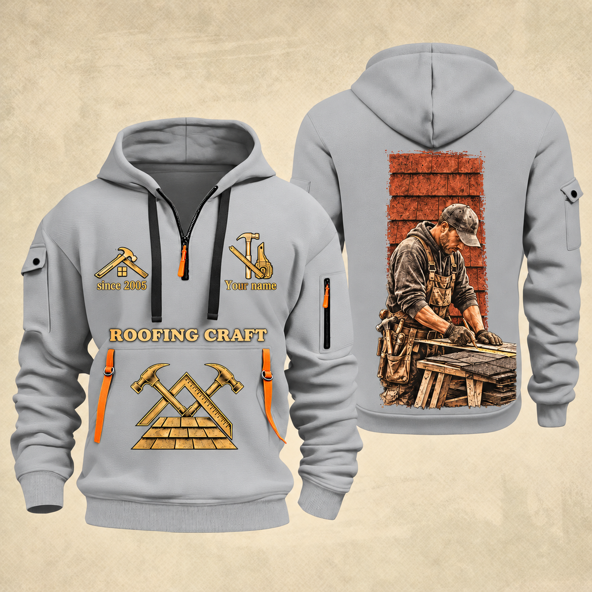 Roofer Golden Craft quarter-zip hoodie in Light Grey, front and back, Your name and since 2005 artwork