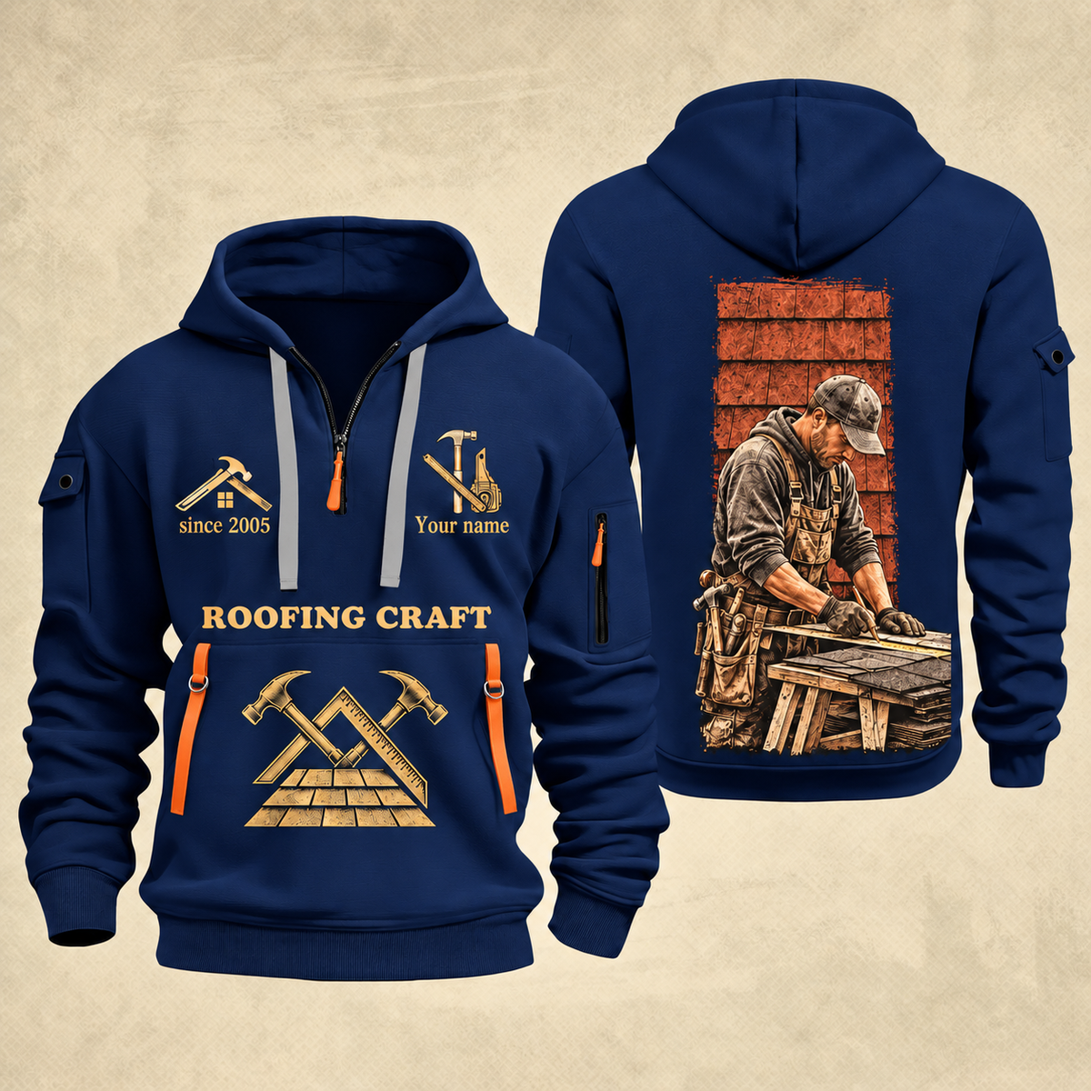 Roofer Golden Craft quarter-zip hoodie in Navy, front and back, Your name and since 2005 artwork