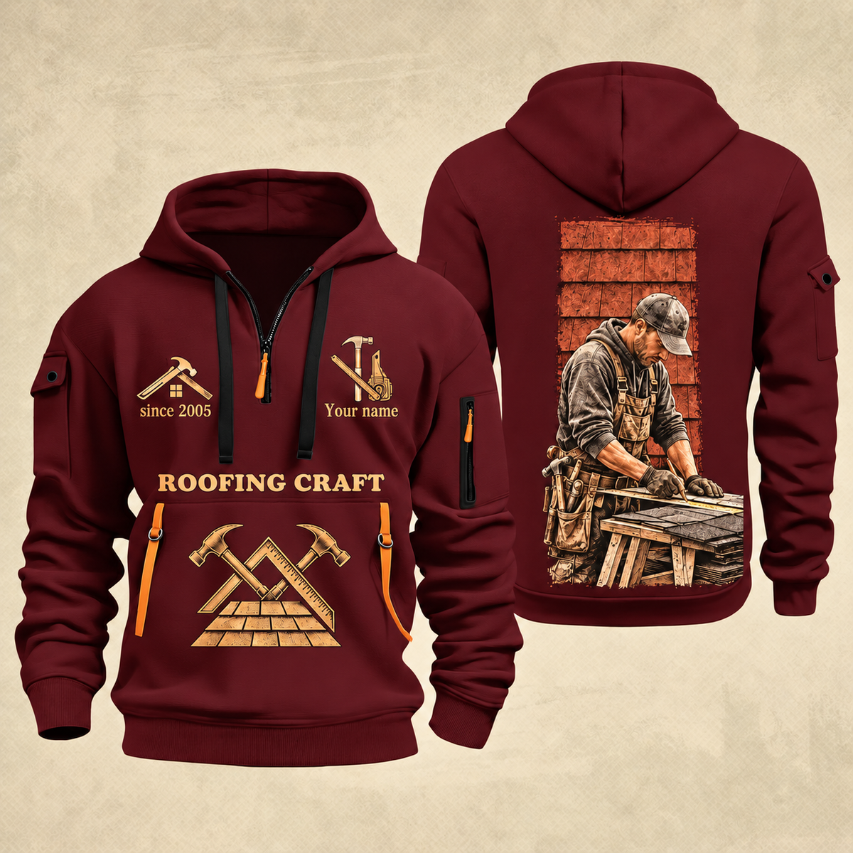 Roofer Golden Craft quarter-zip hoodie in Wine Red, front and back, Your name and since 2005 artwork