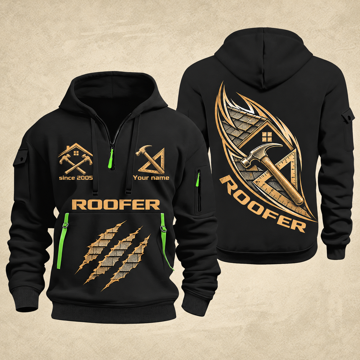 Roofer Craft in Motion quarter-zip hoodie in Black, front and back, Your name and since 2005 artwork