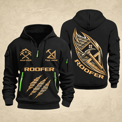 Roofer Craft in Motion quarter-zip hoodie in Black, front and back, Your name and since 2005 artwork