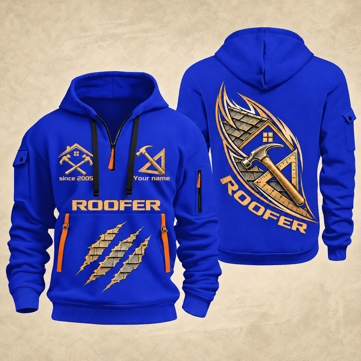 Roofer Craft in Motion quarter-zip hoodie in Blue, front and back, Your name and since 2005 artwork