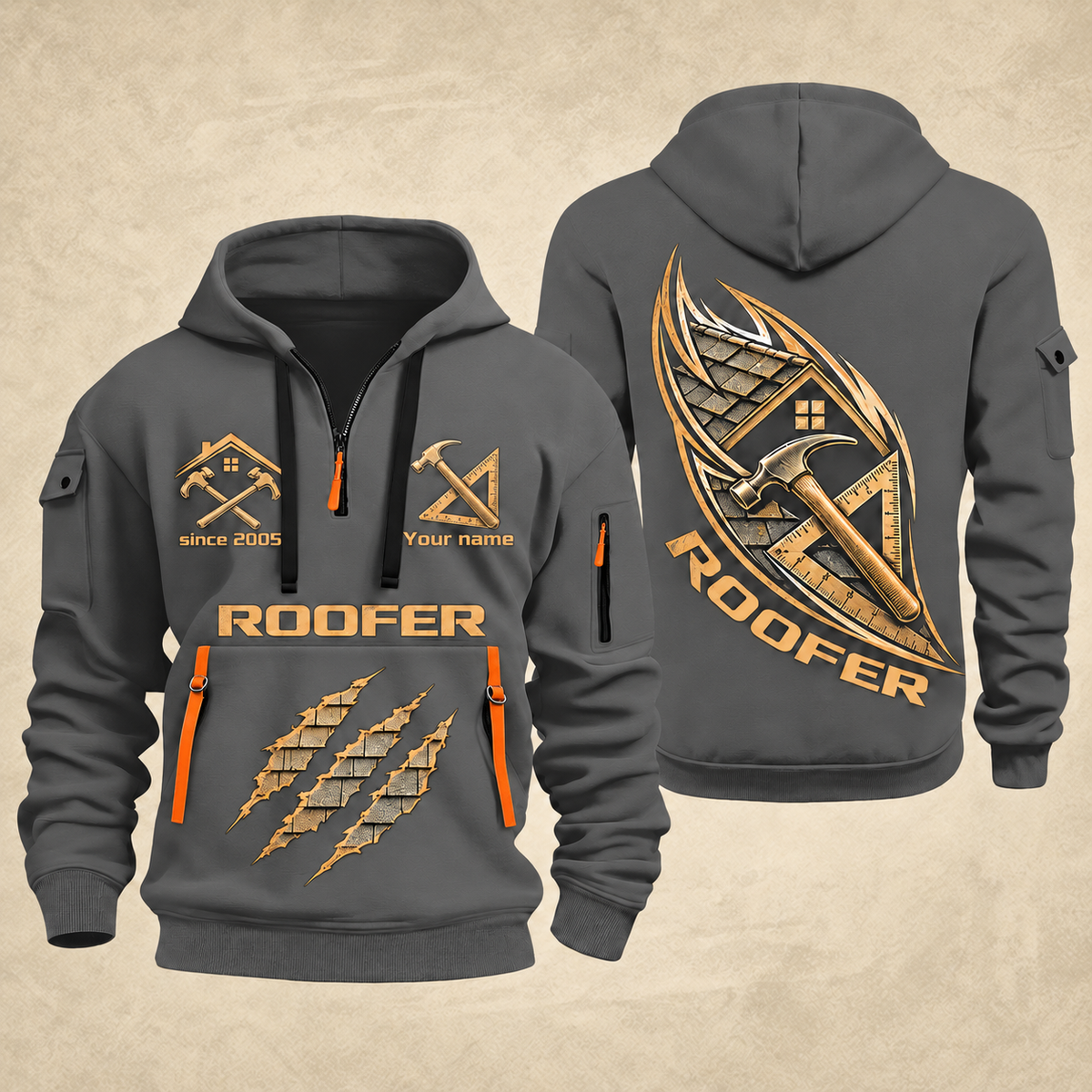 Roofer Craft in Motion quarter-zip hoodie in Gray, front and back, Your name and since 2005 artwork