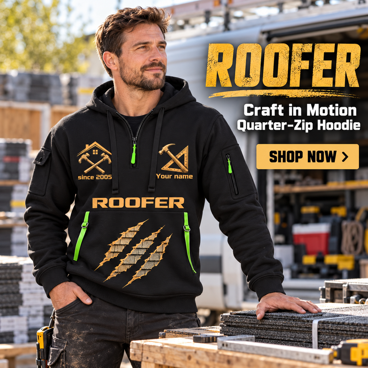 Roofer wearing Craft in Motion quarter-zip hoodie in their workplace; product introduction and shopping call to action