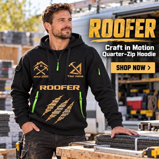 Roofer wearing Craft in Motion quarter-zip hoodie in their workplace; product introduction and shopping call to action