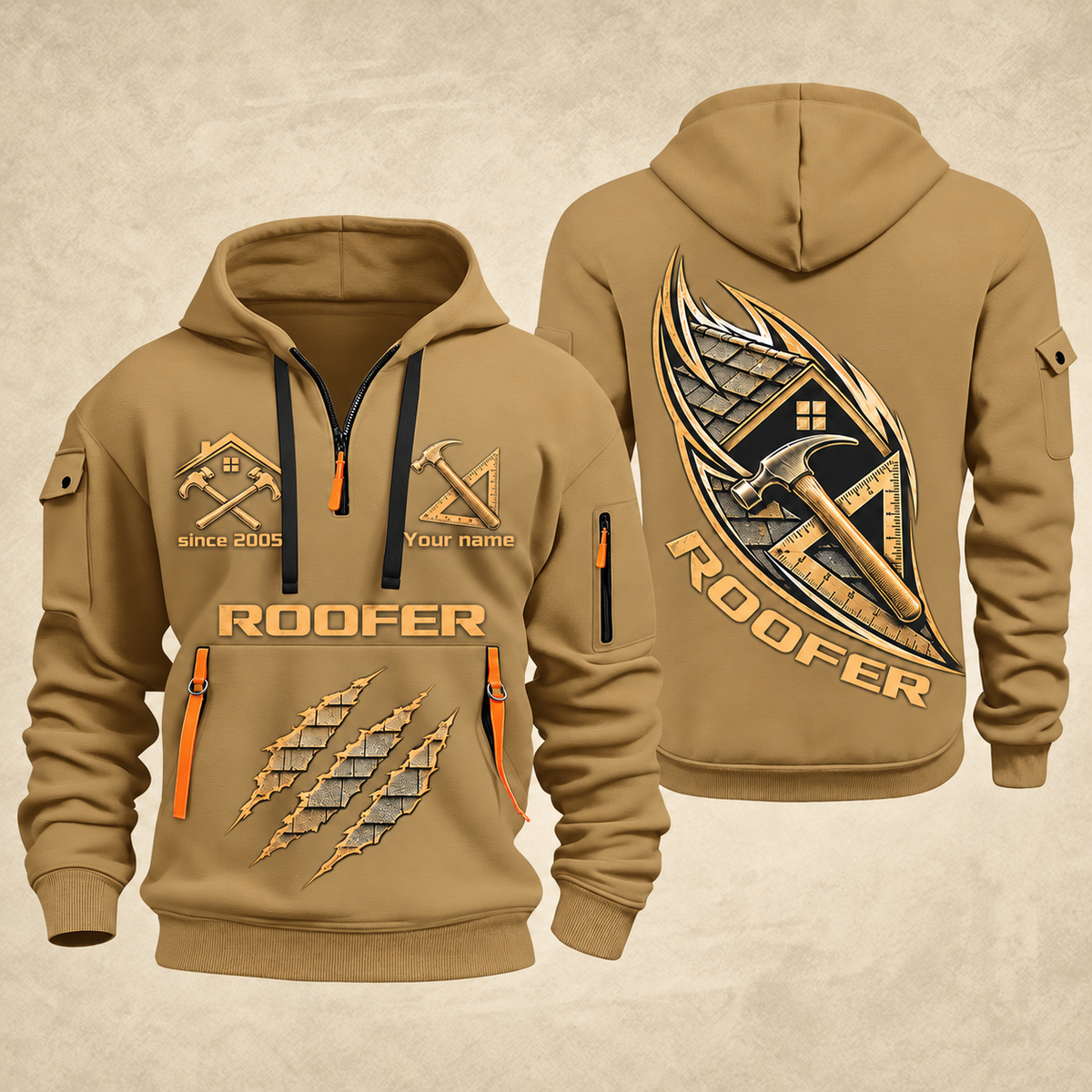 Roofer Craft in Motion quarter-zip hoodie in Khaki, front and back, Your name and since 2005 artwork