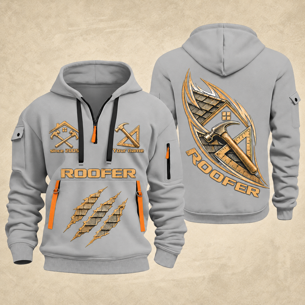 Roofer Craft in Motion quarter-zip hoodie in Light Grey, front and back, Your name and since 2005 artwork