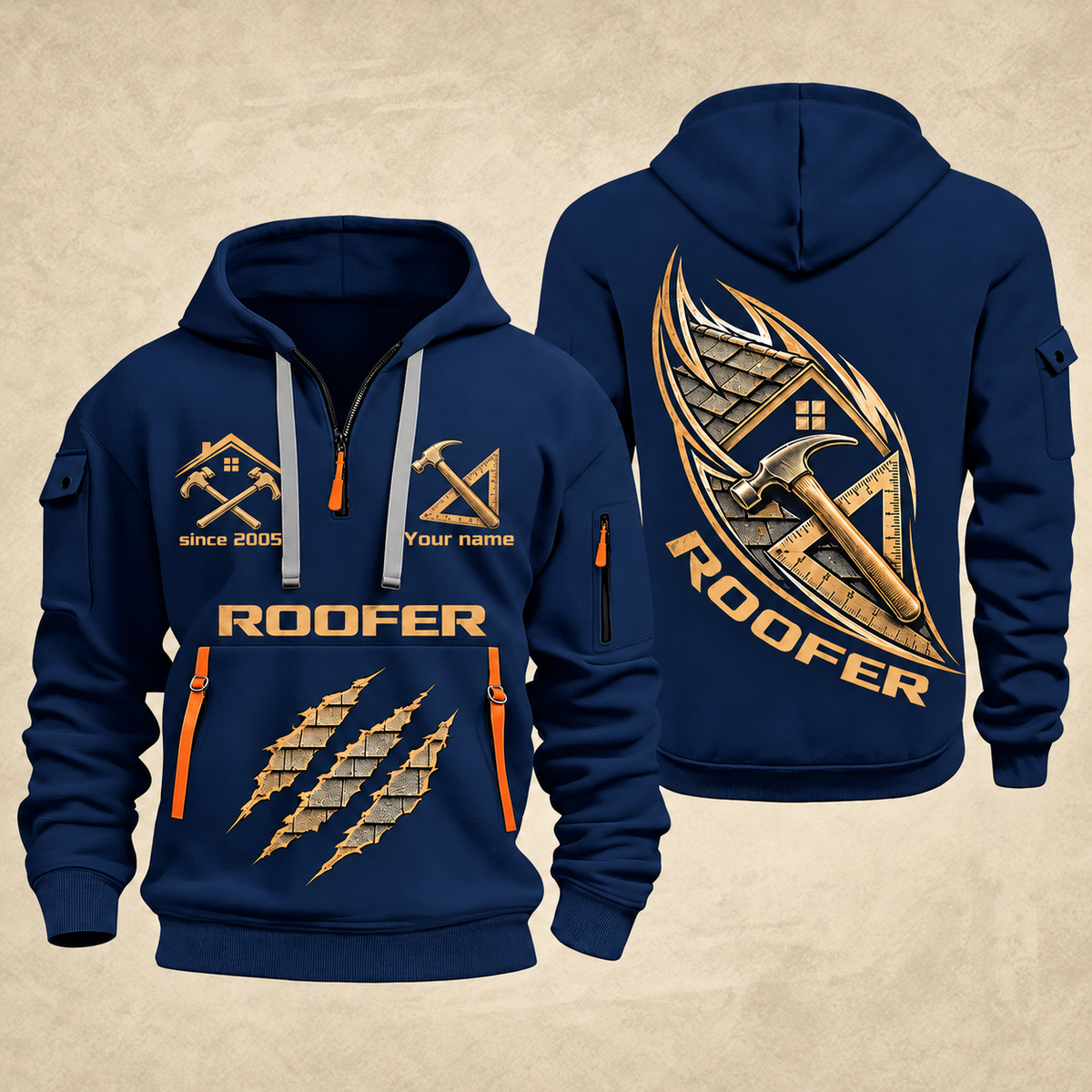 Roofer Craft in Motion quarter-zip hoodie in Navy, front and back, Your name and since 2005 artwork