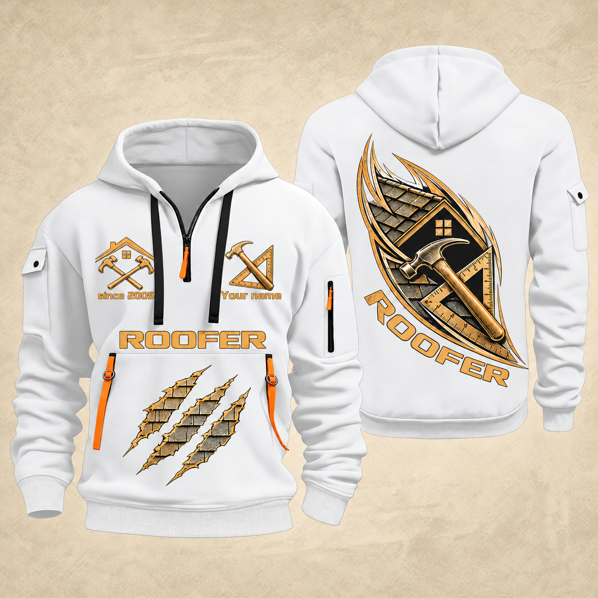Roofer Craft in Motion quarter-zip hoodie in White, front and back, Your name and since 2005 artwork