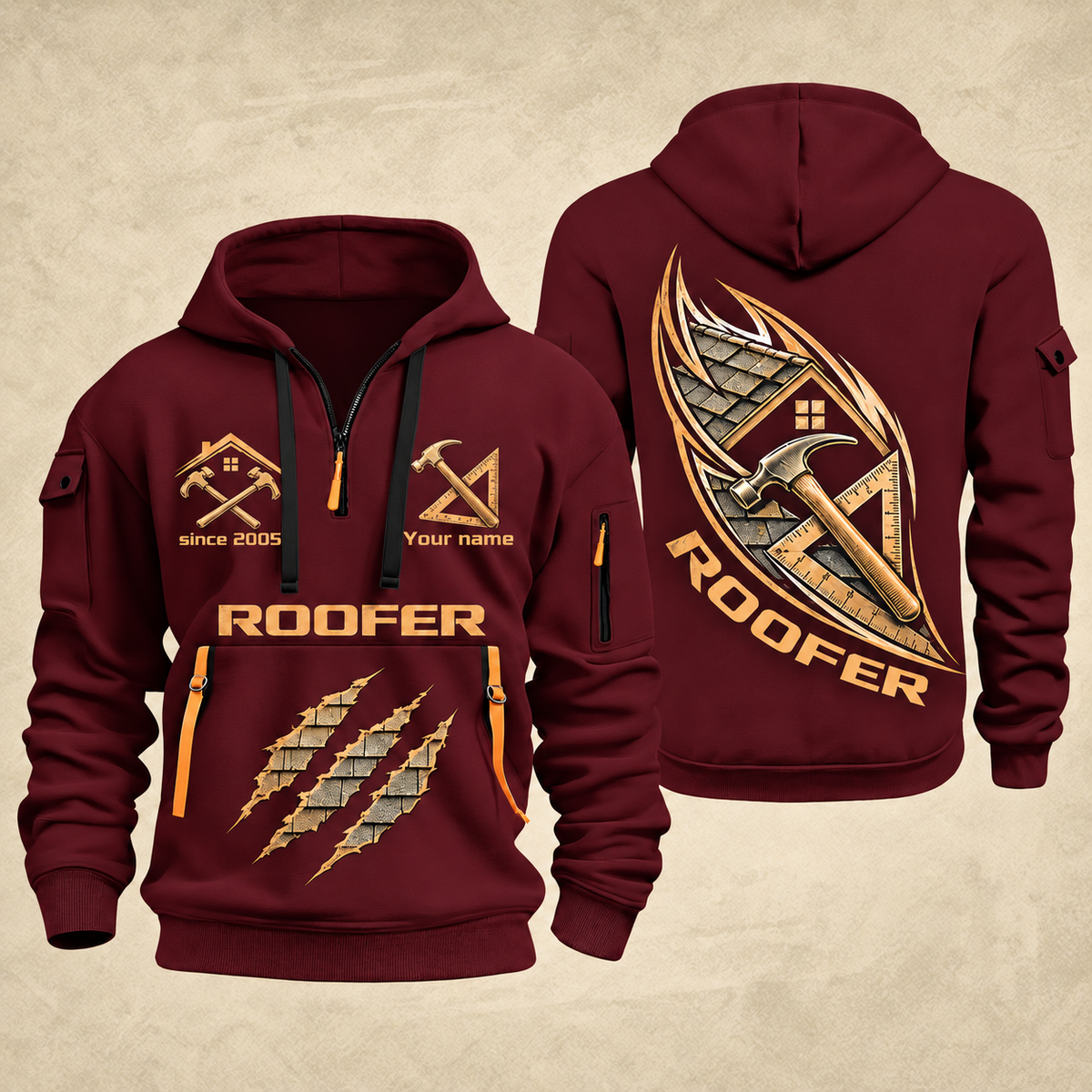Roofer Craft in Motion quarter-zip hoodie in Wine Red, front and back, Your name and since 2005 artwork