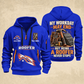 Roofer Never Stops quarter-zip hoodie in Blue, front and back, Your name and since 2005 artwork