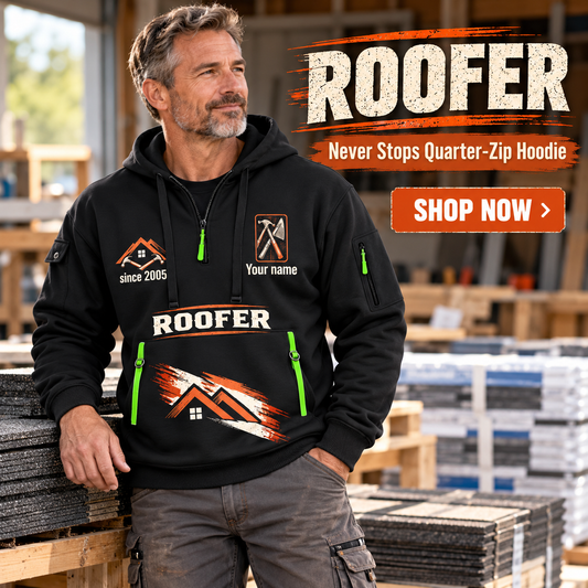 Roofer wearing Never Stops quarter-zip hoodie in their workplace; product introduction and shopping call to action