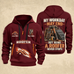 Roofer Never Stops quarter-zip hoodie in Wine Red, front and back, Your name and since 2005 artwork