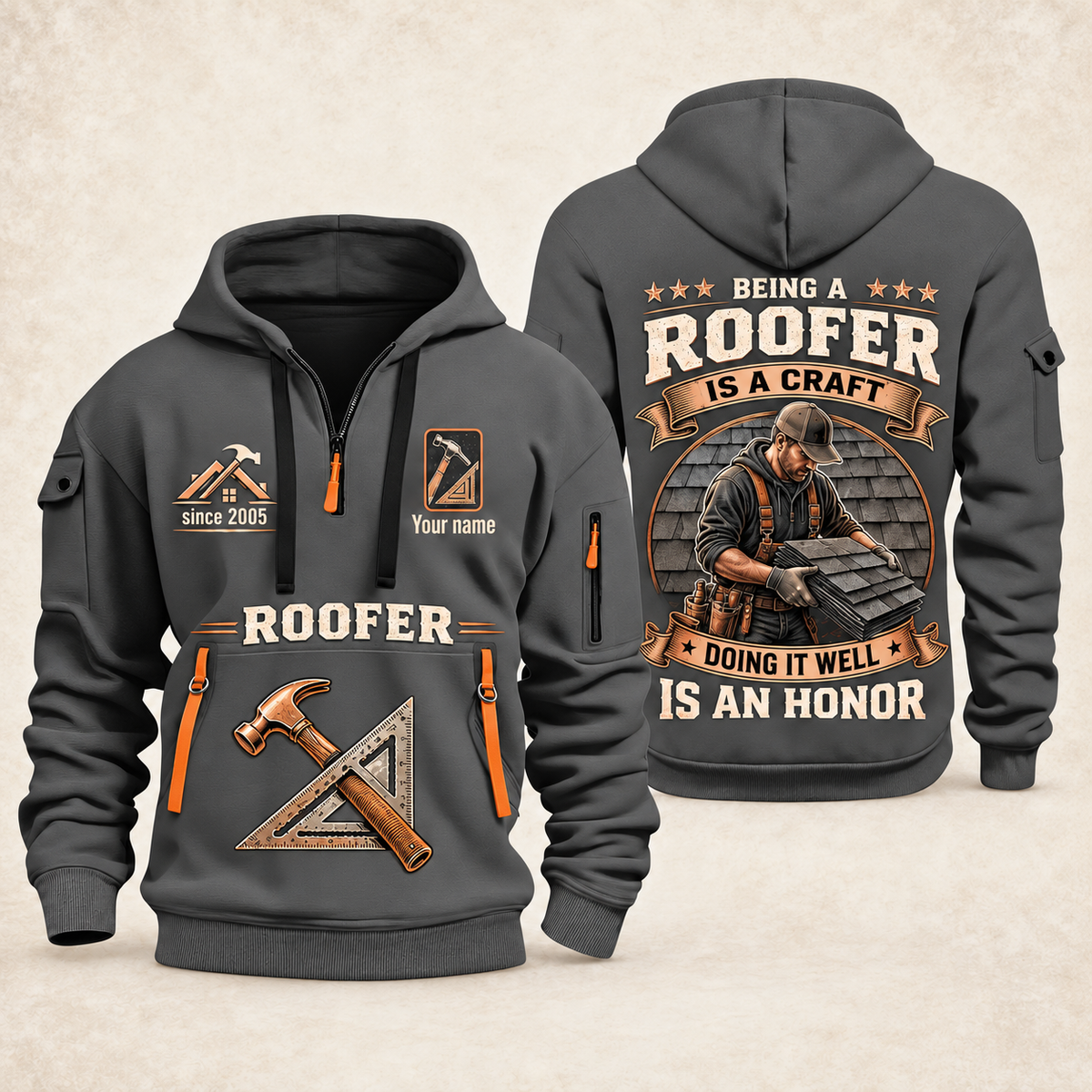 Roofer Craft and Honor quarter-zip hoodie in Gray, front and back, Your name and since 2005 artwork