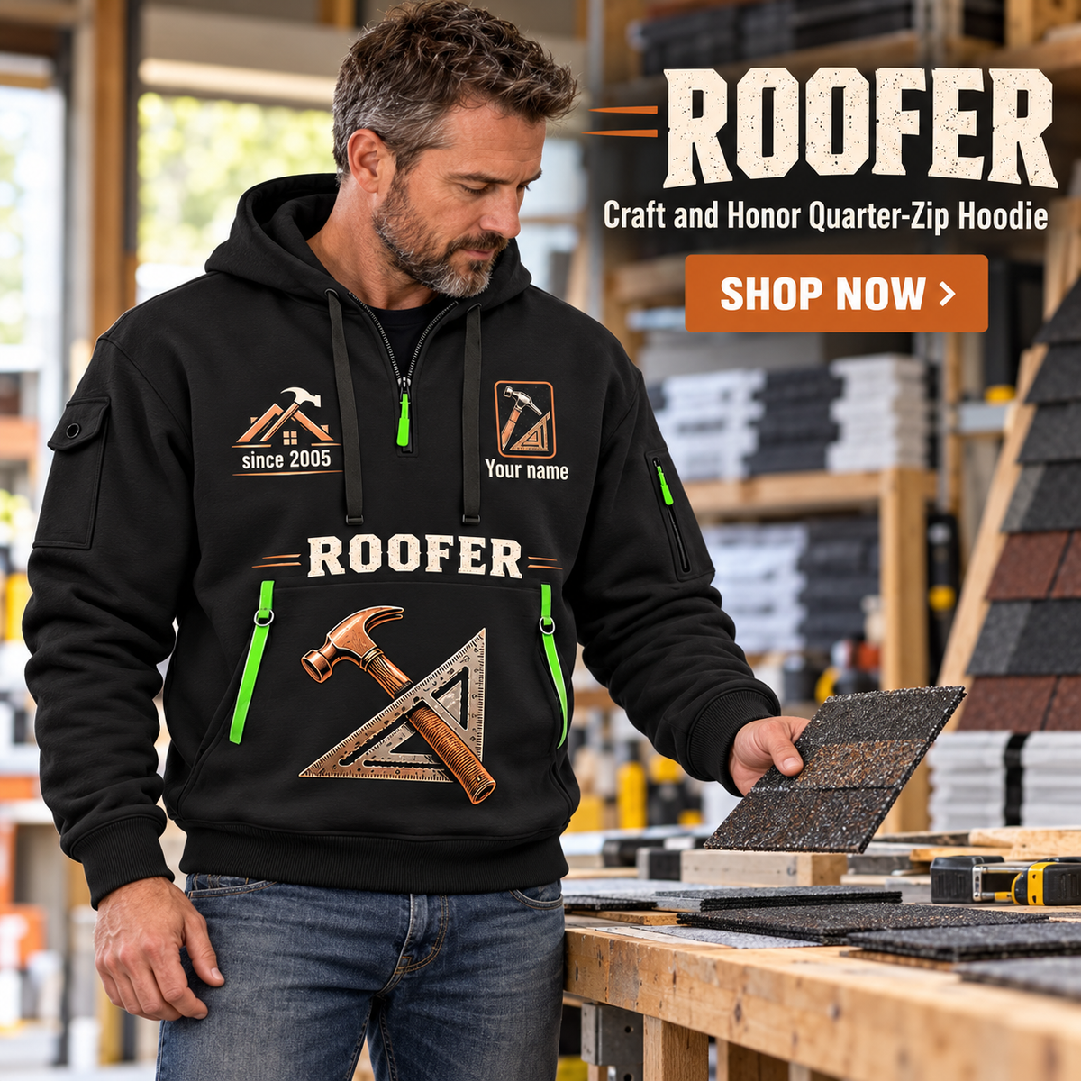 Roofer wearing Craft and Honor quarter-zip hoodie in their workplace; product introduction and shopping call to action