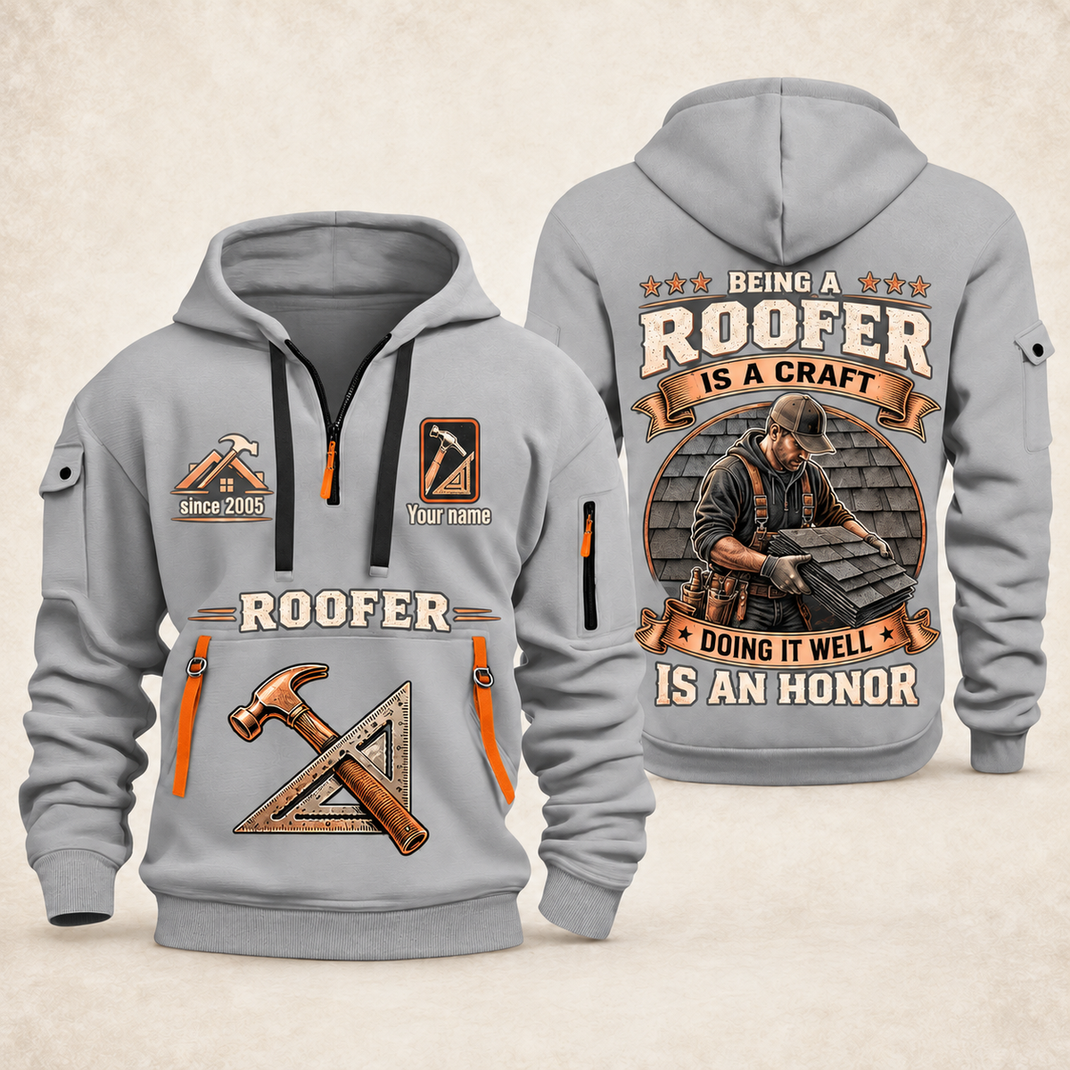 Roofer Craft and Honor quarter-zip hoodie in Light Grey, front and back, Your name and since 2005 artwork