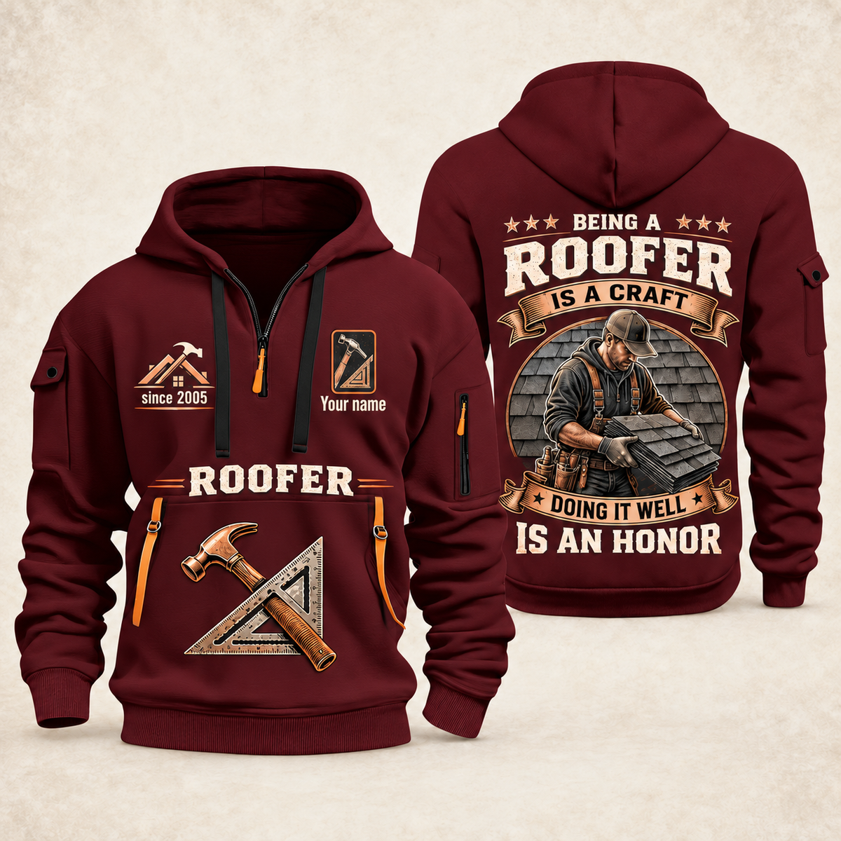 Roofer Craft and Honor quarter-zip hoodie in Wine Red, front and back, Your name and since 2005 artwork