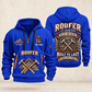 Roofer Steady Hands quarter-zip hoodie in Blue, front and back, Your name and since 2005 artwork