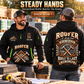 Roofer wearing Steady Hands quarter-zip hoodie in their workplace; product introduction and shopping call to action