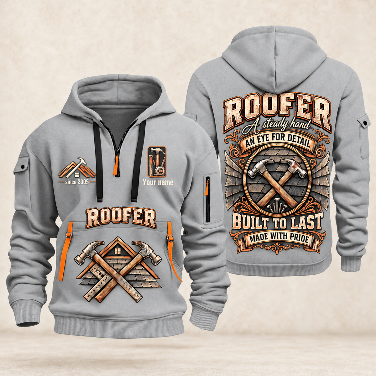 Roofer Steady Hands quarter-zip hoodie in Light Grey, front and back, Your name and since 2005 artwork