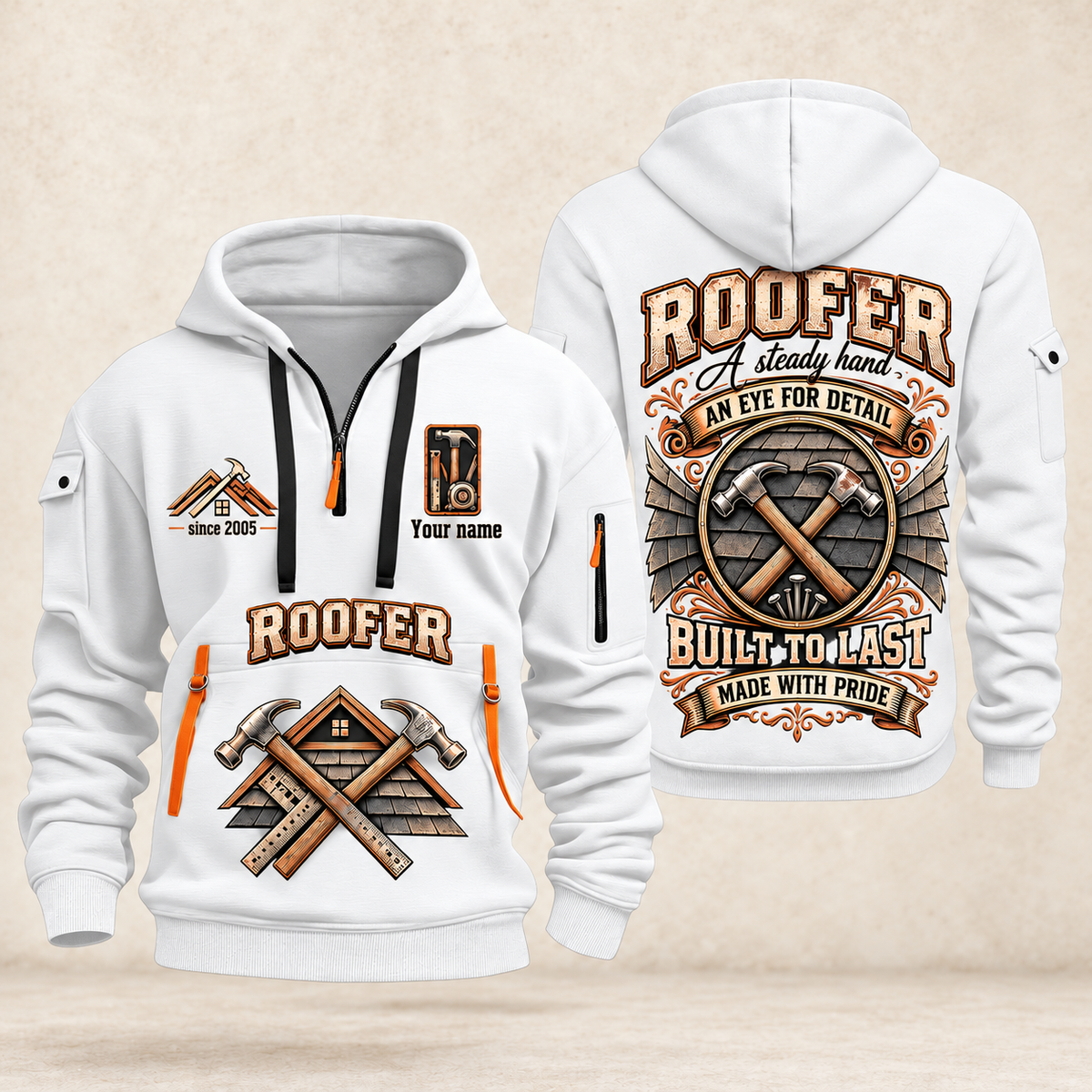 Roofer Steady Hands quarter-zip hoodie in White, front and back, Your name and since 2005 artwork