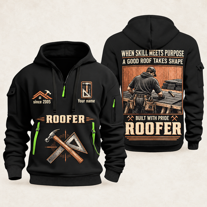 Roofer Built with Pride quarter-zip hoodie in Black, front and back, Your name and since 2005 artwork