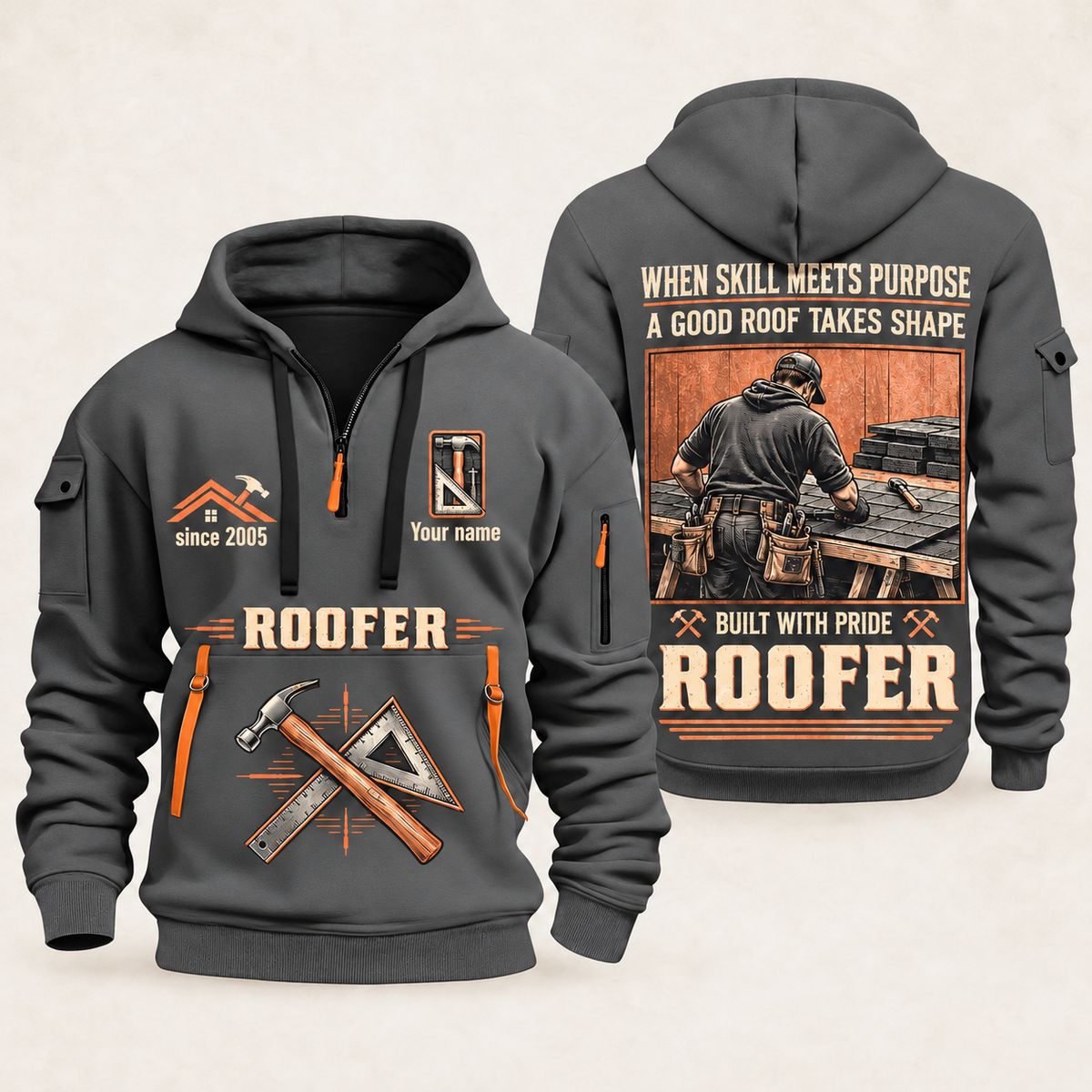 Roofer Built with Pride quarter-zip hoodie in Gray, front and back, Your name and since 2005 artwork