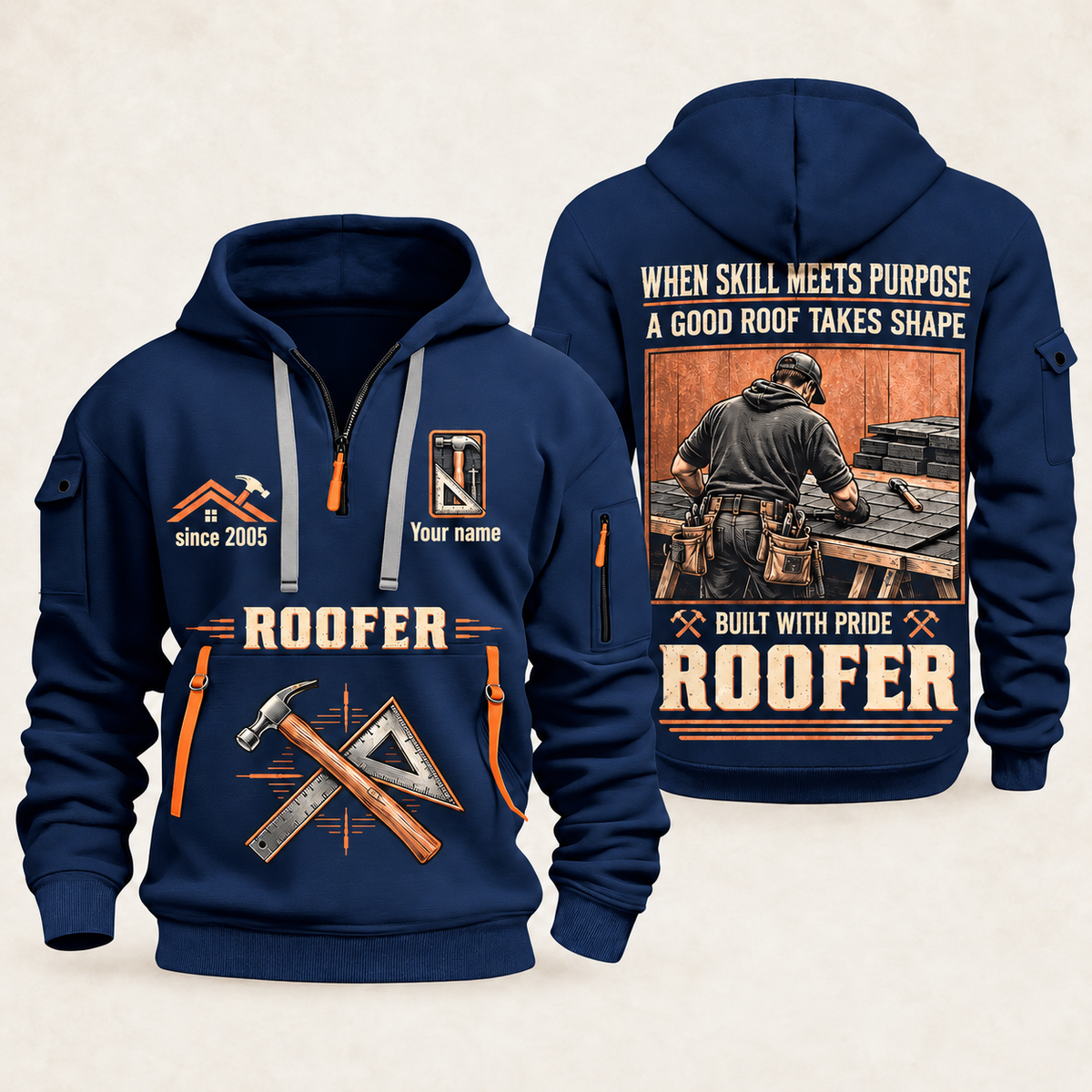 Roofer Built with Pride quarter-zip hoodie in Navy, front and back, Your name and since 2005 artwork