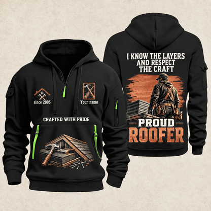 Roofer Respect the Craft quarter-zip hoodie in Black, front and back, Your name and since 2005 artwork