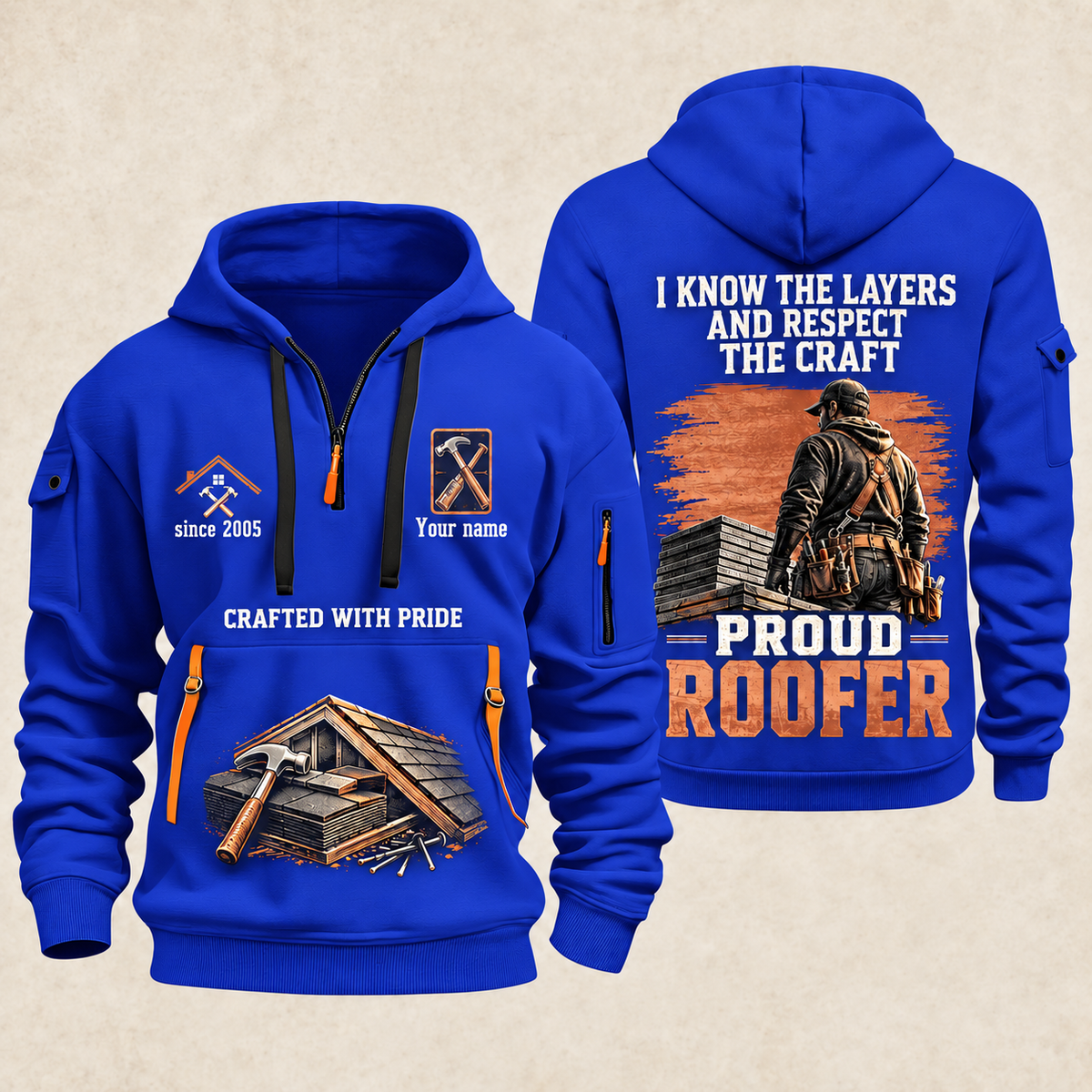 Roofer Respect the Craft quarter-zip hoodie in Blue, front and back, Your name and since 2005 artwork