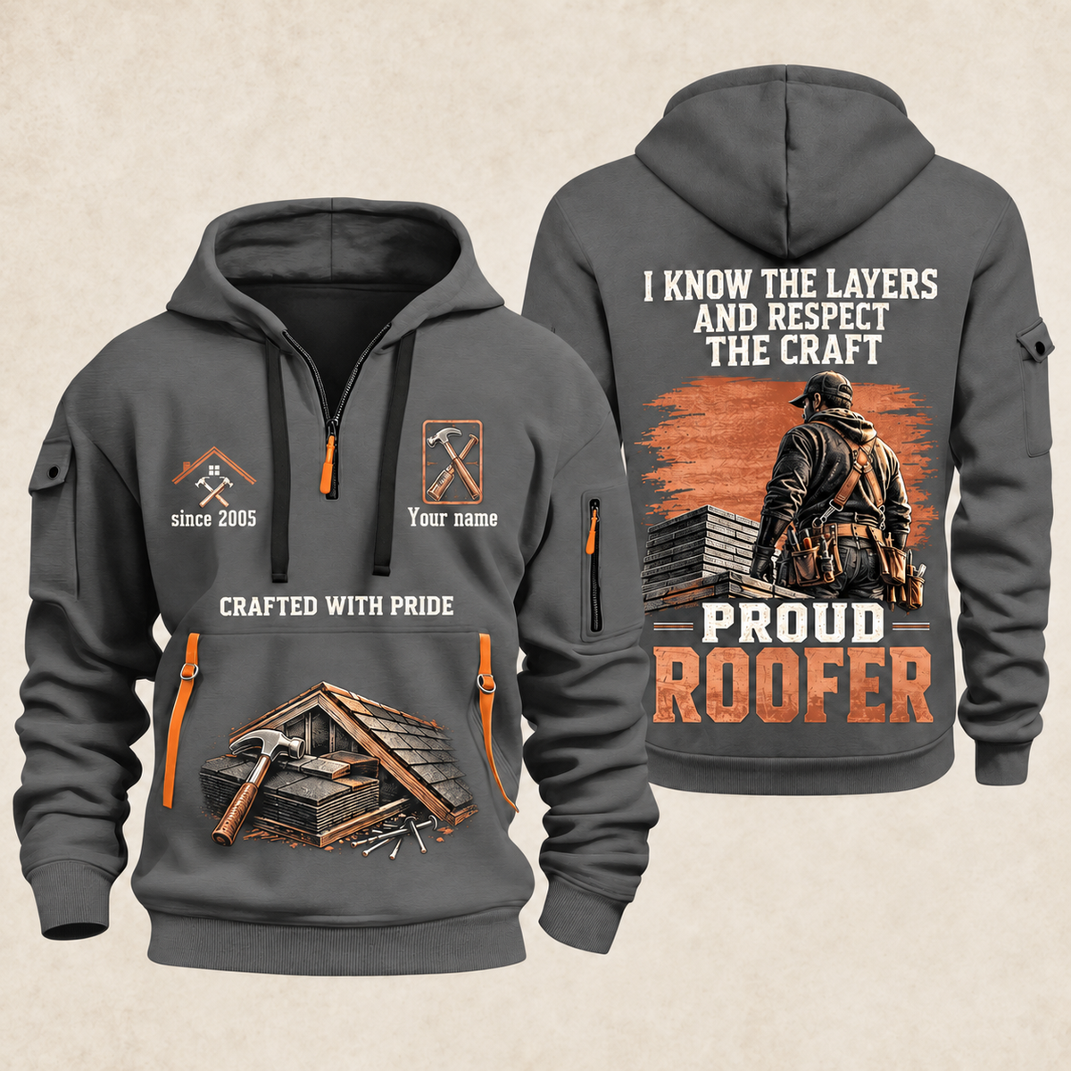 Roofer Respect the Craft quarter-zip hoodie in Gray, front and back, Your name and since 2005 artwork