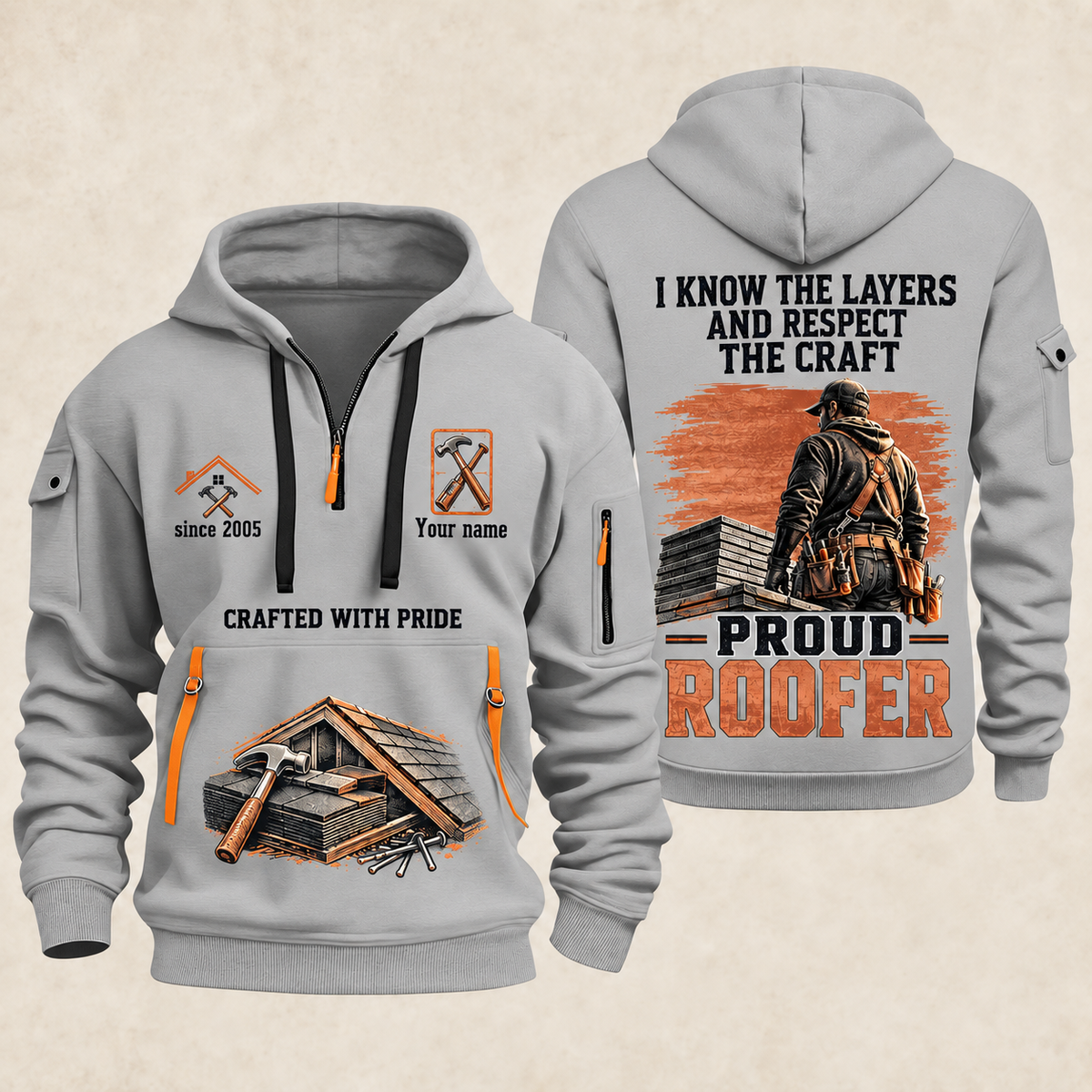 Roofer Respect the Craft quarter-zip hoodie in Light Grey, front and back, Your name and since 2005 artwork