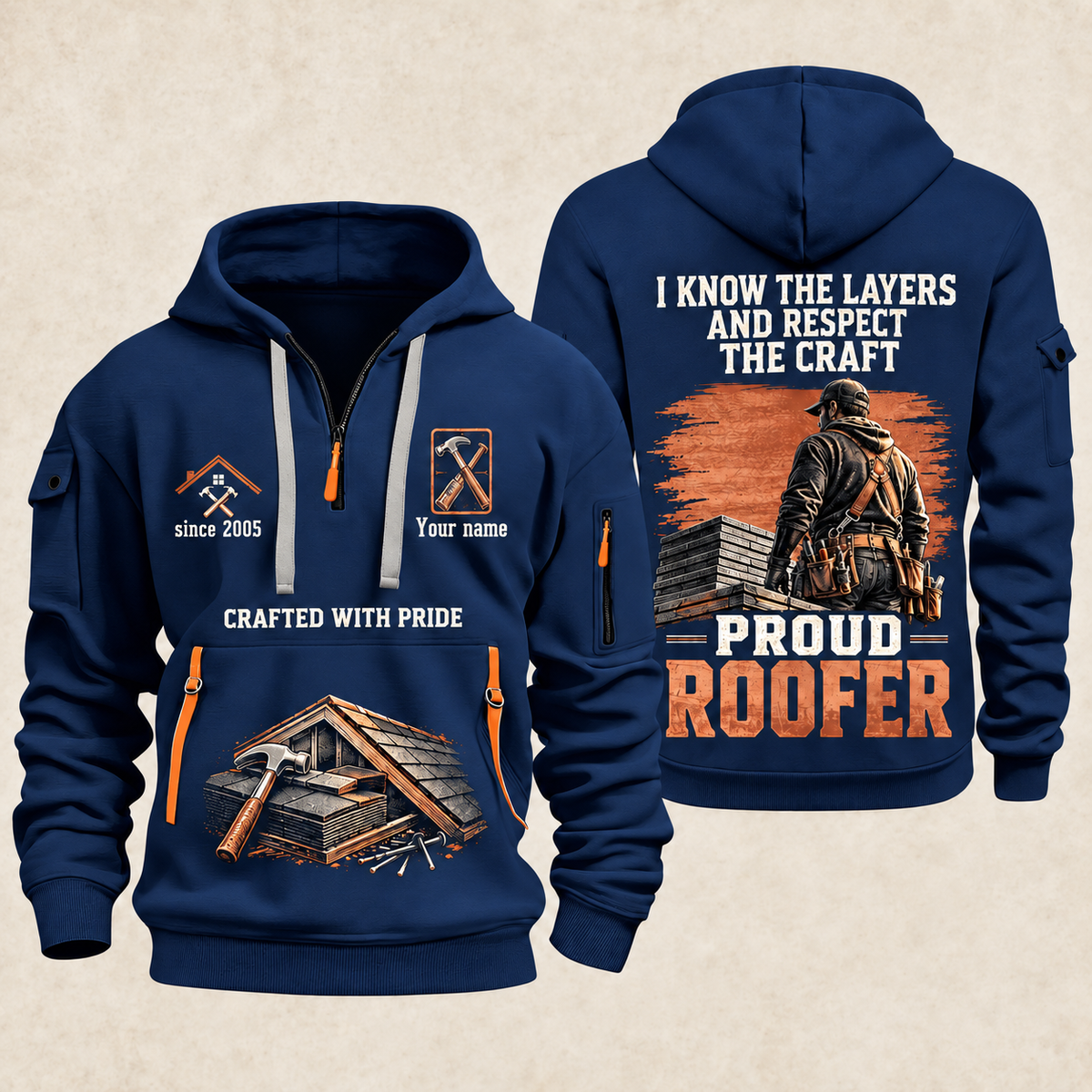 Roofer Respect the Craft quarter-zip hoodie in Navy, front and back, Your name and since 2005 artwork