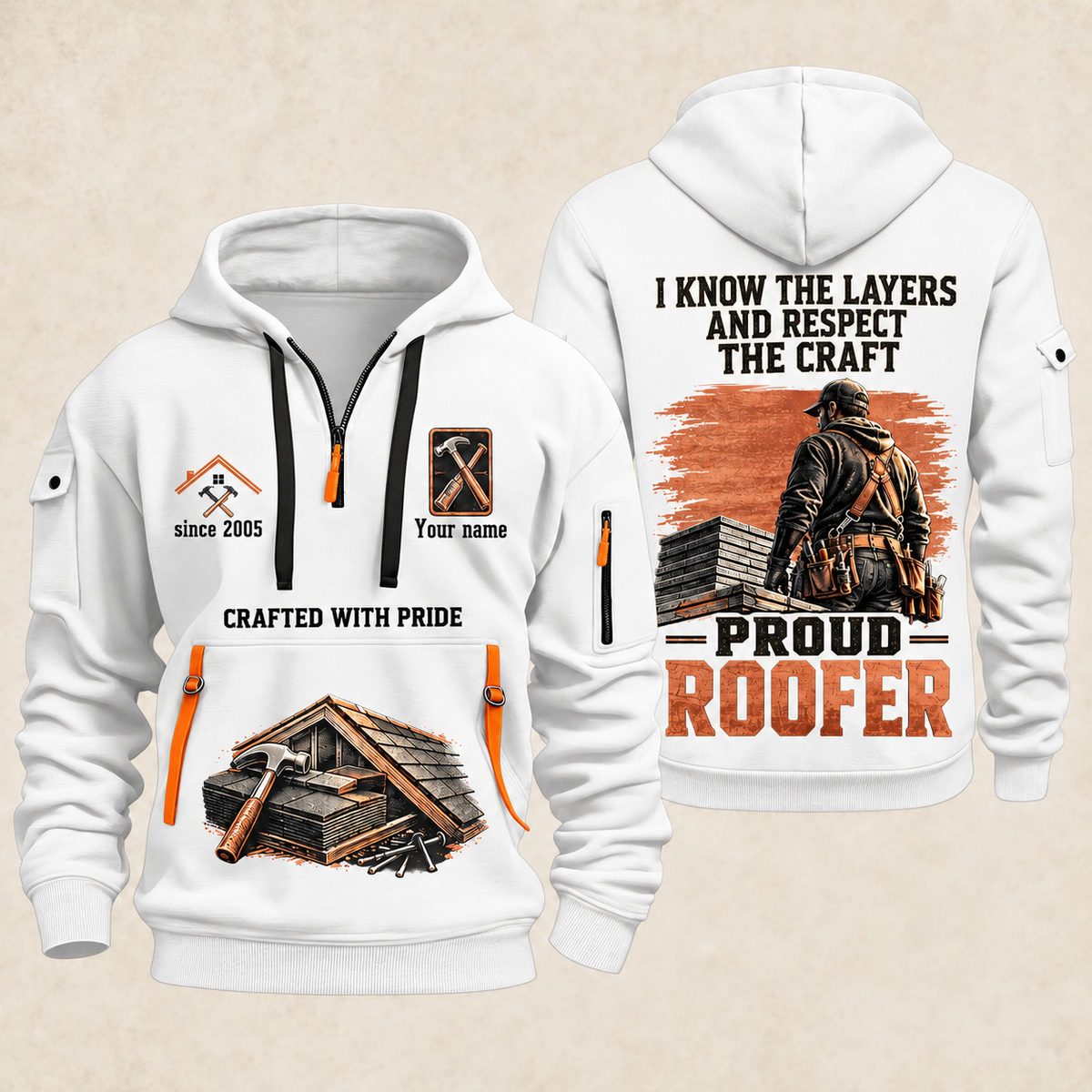 Roofer Respect the Craft quarter-zip hoodie in White, front and back, Your name and since 2005 artwork