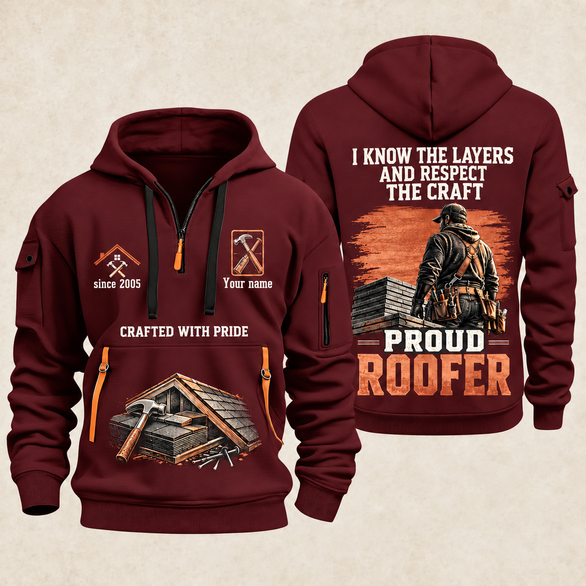 Roofer Respect the Craft quarter-zip hoodie in Wine Red, front and back, Your name and since 2005 artwork