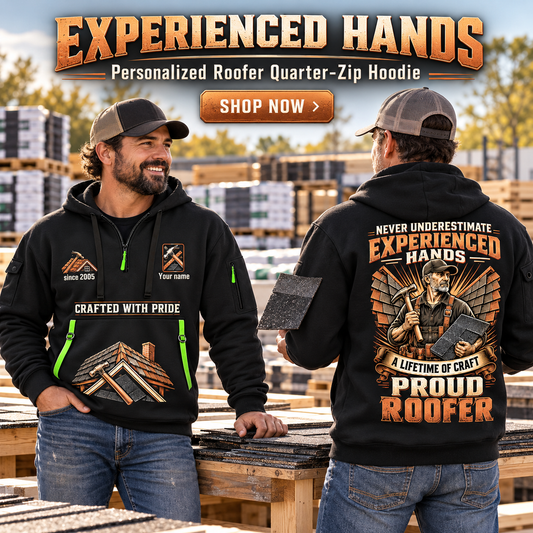 Roofer wearing Experienced Hands quarter-zip hoodie in their workplace; product introduction and shopping call to action