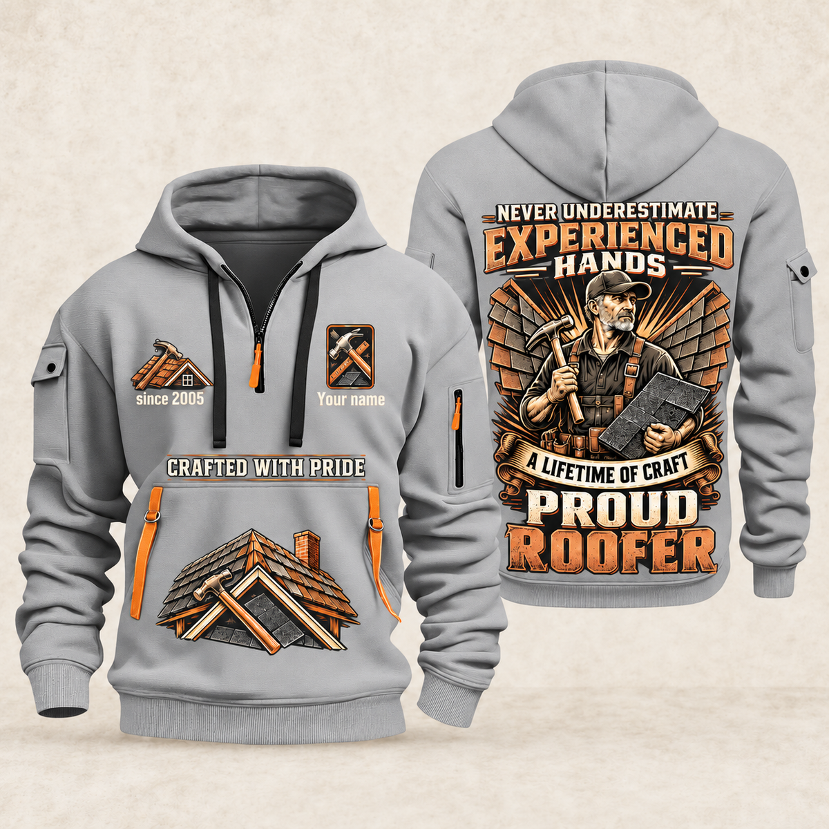Roofer Experienced Hands quarter-zip hoodie in Light Grey, front and back, Your name and since 2005 artwork